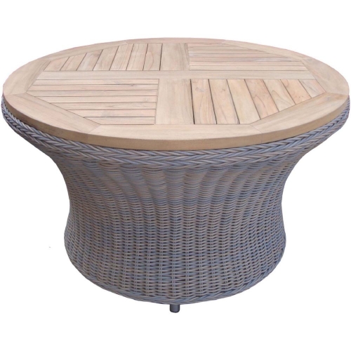 Barbados Outdoor Round Chat Table in Kubu Grey Wicker with Teak Top